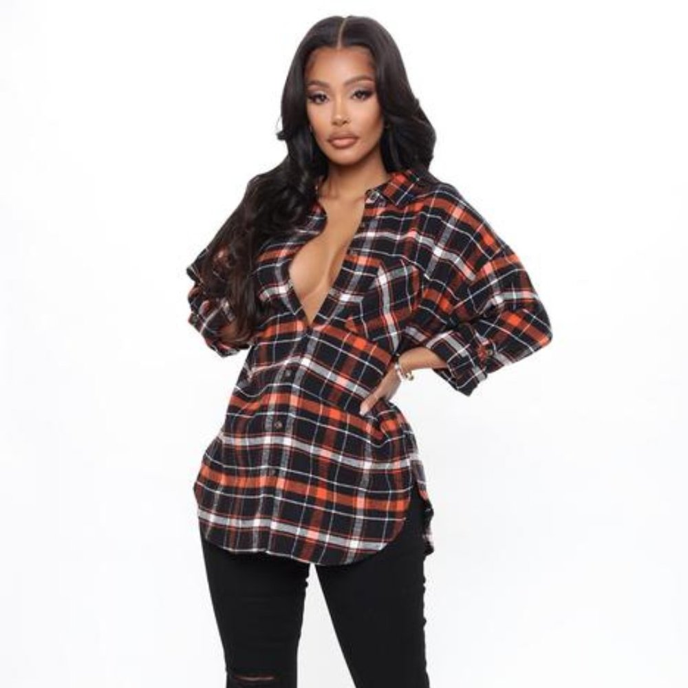 Always In Check Oversized Flannel Top (Black Combo)